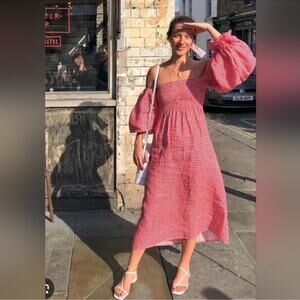 Sleeper Atlanta Linen Gingham Midi Dress Off Shoulder Red